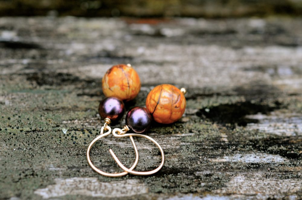 purple pearl earrings, stone earrings, purple golden earrings, perfect autumn earrings, simple chic earrings