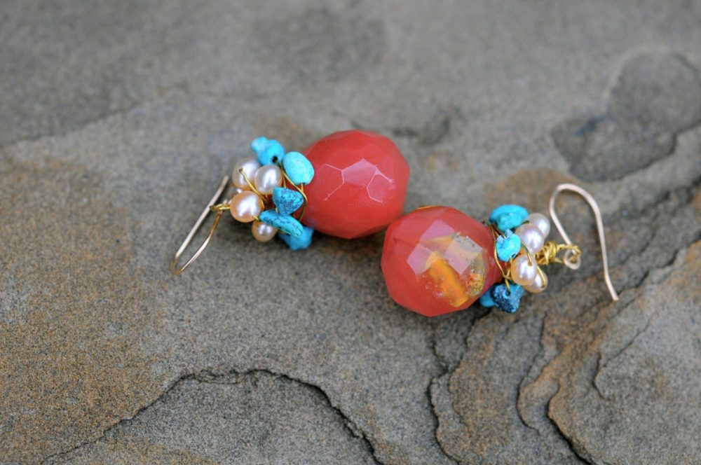 quartz turquoise pearl earrings, red and blue earrings, pearl earrings, dangle earrings