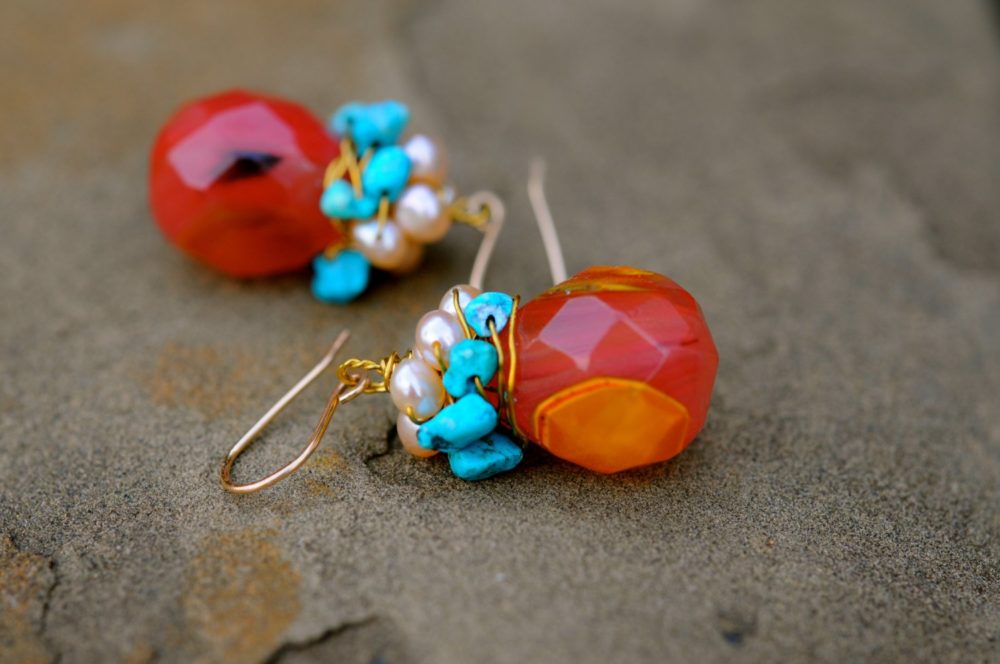 quartz turquoise pearl earrings, red and blue earrings, pearl earrings, dangle earrings