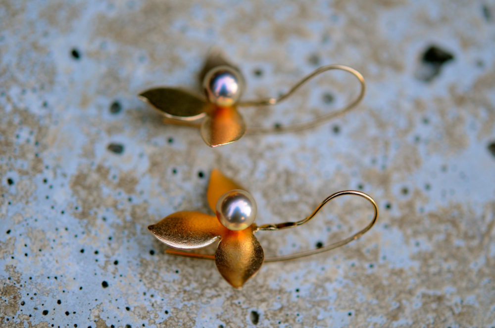 rare 6.5mm rose gold pearls on golden petals delightful earrings