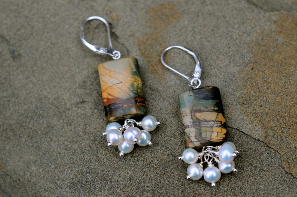 red creek jasper and white pearl cluster dangle earrings, stone and pearl earrings