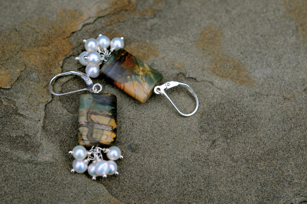 red creek jasper and white pearl cluster dangle earrings, stone and pearl earrings