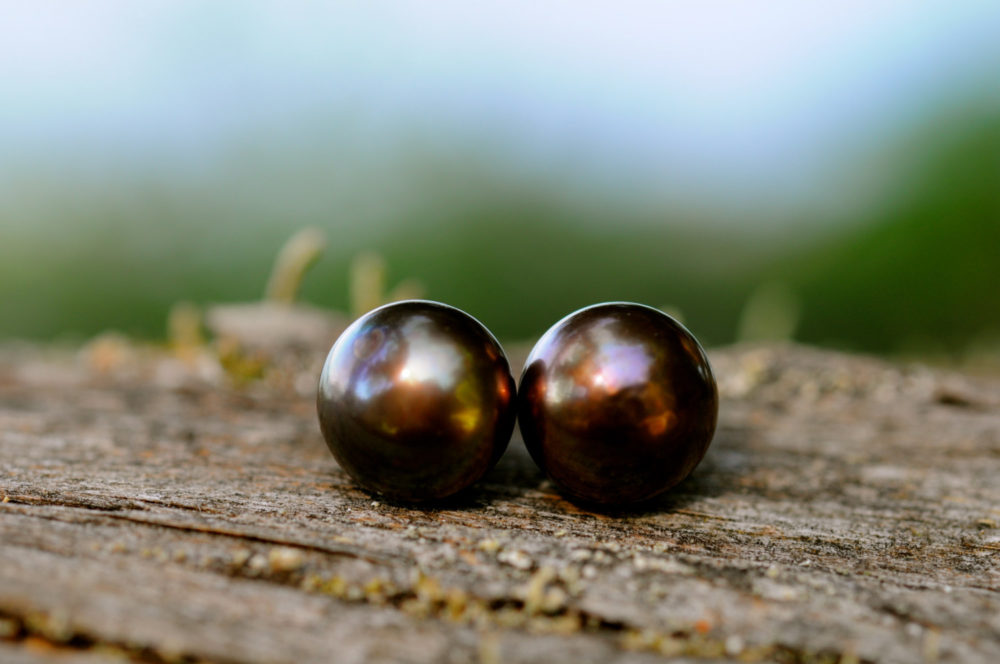 rich dark chocolate pearl stud earrings, dark pearl stud earrings, 10 mm pearl studs, glowing dark chocolate pearl studs