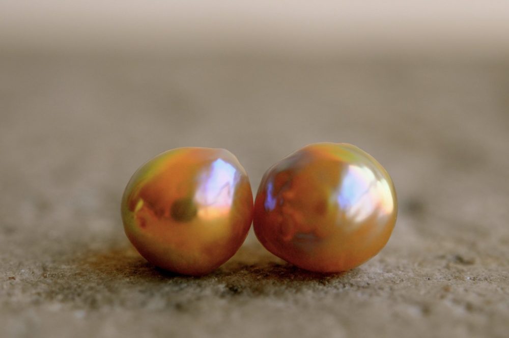 rich gold kasumi pearl stud earrings, gold ripple pearl stud earrings, all natural unbelievable bright pearl studs