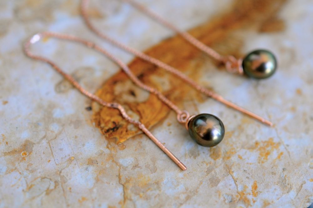 rose gold pearl threader earrings, small bright olive green pearl threader earrings
