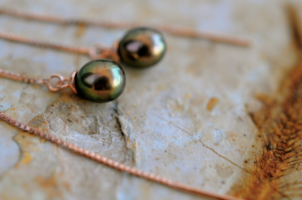 rose gold pearl threader earrings, small bright olive green pearl threader earrings
