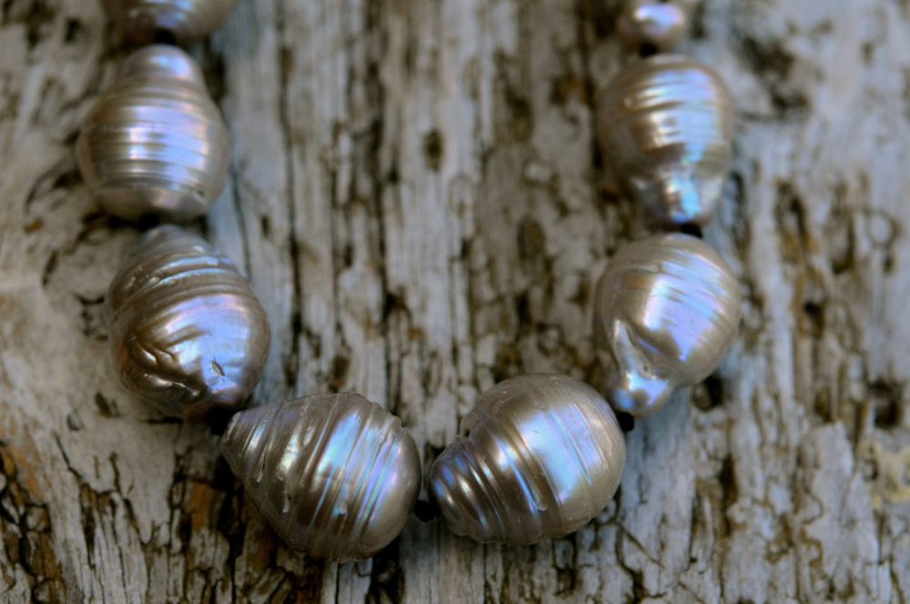silver grey baroque pearl choker necklace, black jade clasp, large silver grey baroque pearls