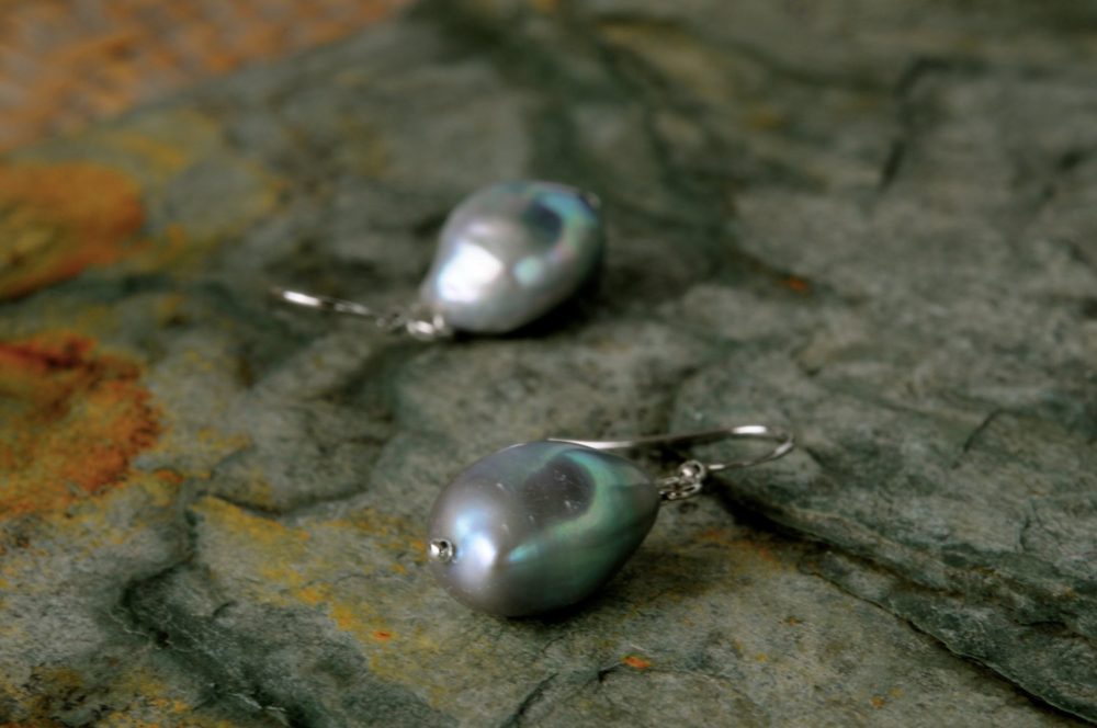 silver grey nugget pearl dangle earrings, large grey drop pearl earrings, sterling silver ear wires