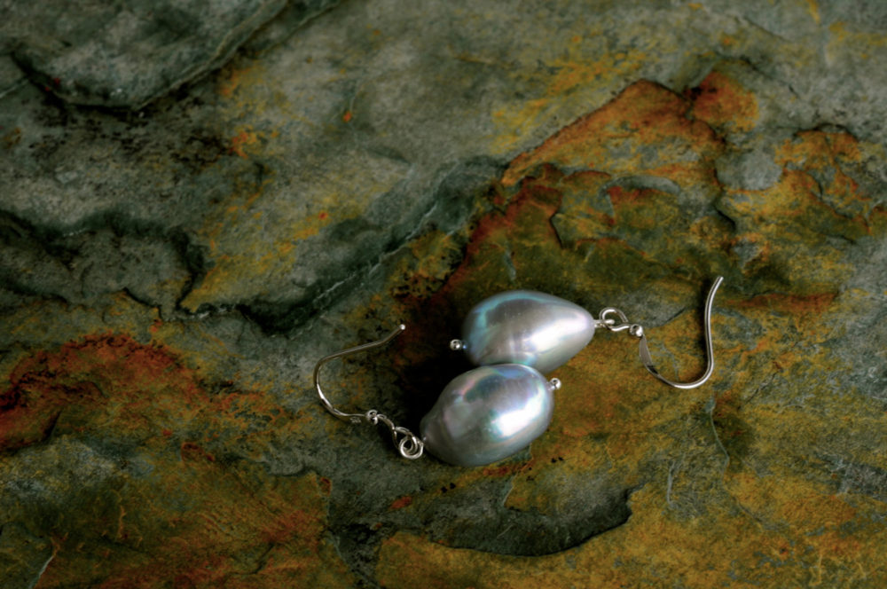 silver grey nugget pearl dangle earrings, large grey drop pearl earrings, sterling silver ear wires