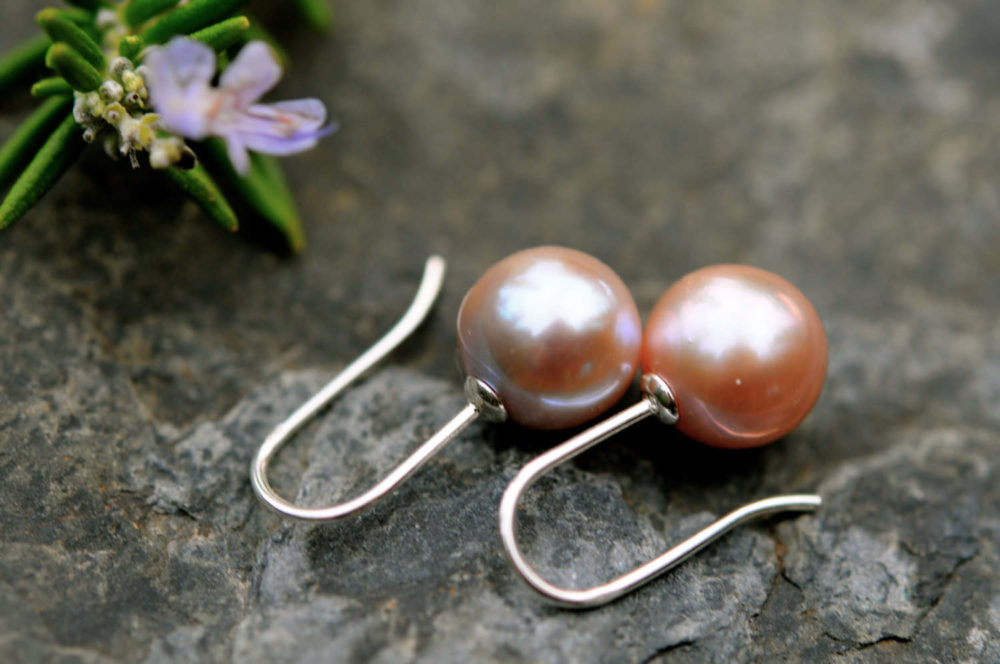 silver lining pearl earrings, 10mm pink/silver grey round pearl earrings on simple/cool hook ear wires