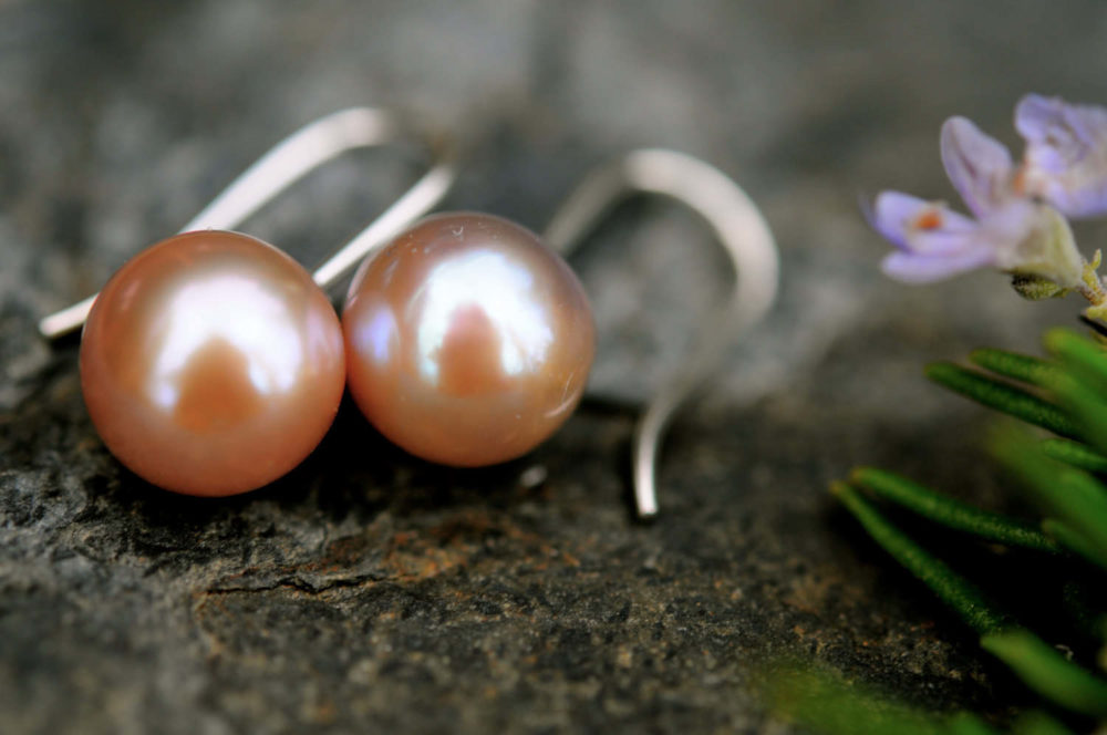 silver lining pearl earrings, 10mm pink/silver grey round pearl earrings on simple/cool hook ear wires