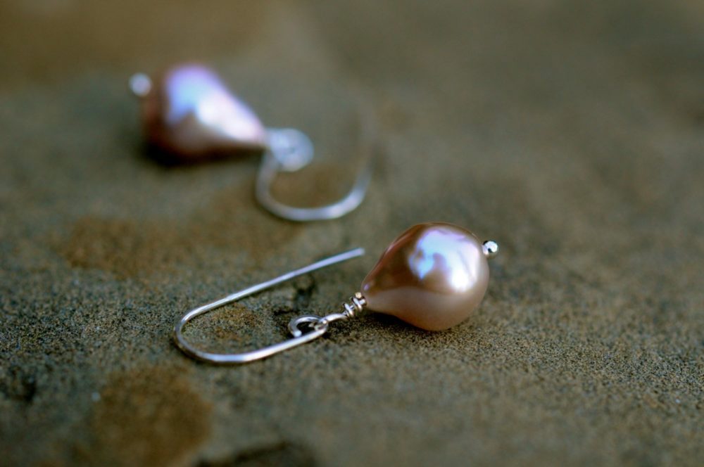 small pink baroque pearl dangle earrings, pink single drop pearl earrings, handmade sterling silver ear wires
