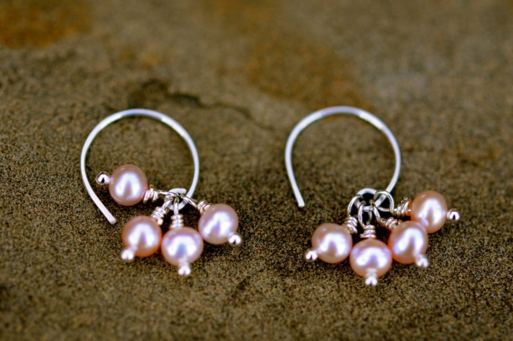 small pink pearl cluster earrings, handmade sterling silver wires, pretty pink small pearl earrings