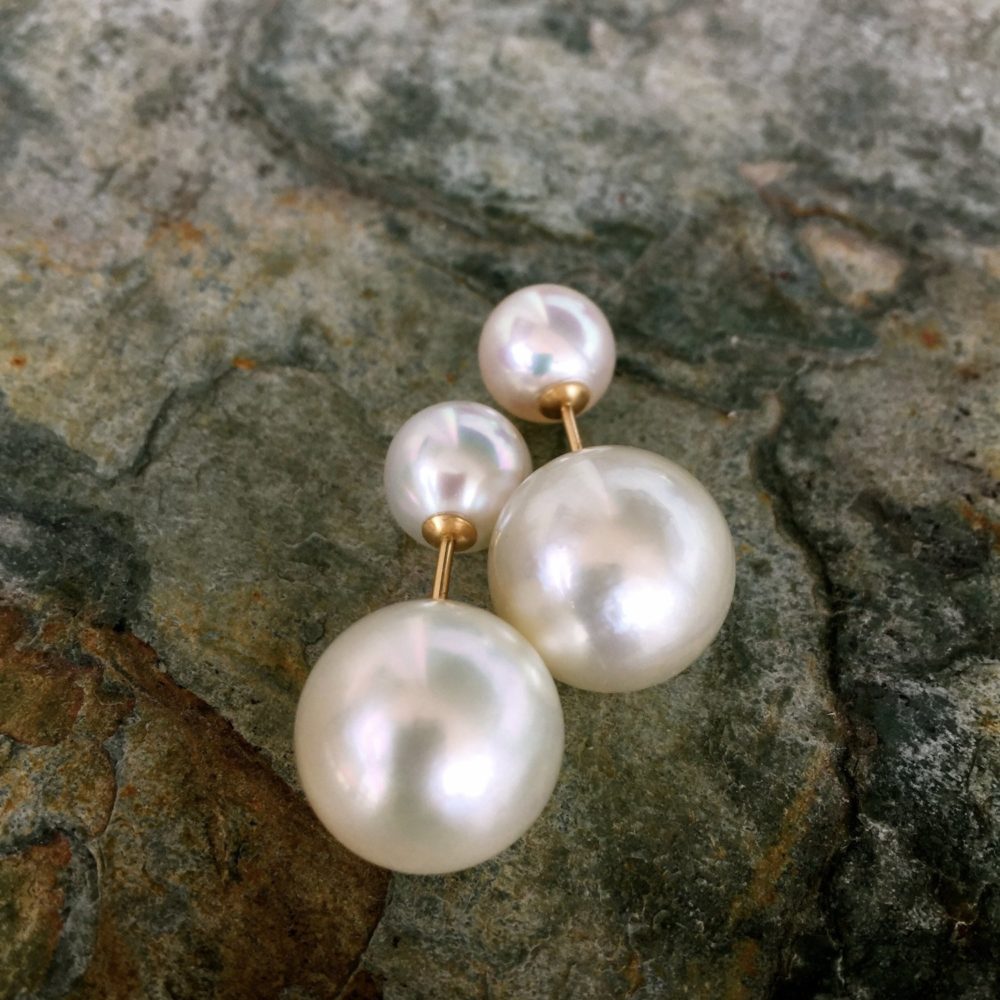 spectacular south sea double pearl earrings, genuine south sea pearl tribal earrings on solid 18k gold