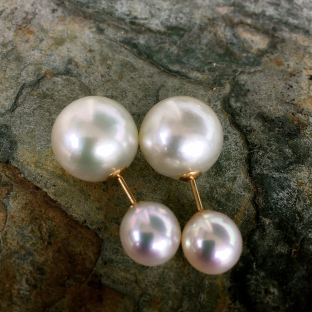 spectacular south sea double pearl earrings, genuine south sea pearl tribal earrings on solid 18k gold