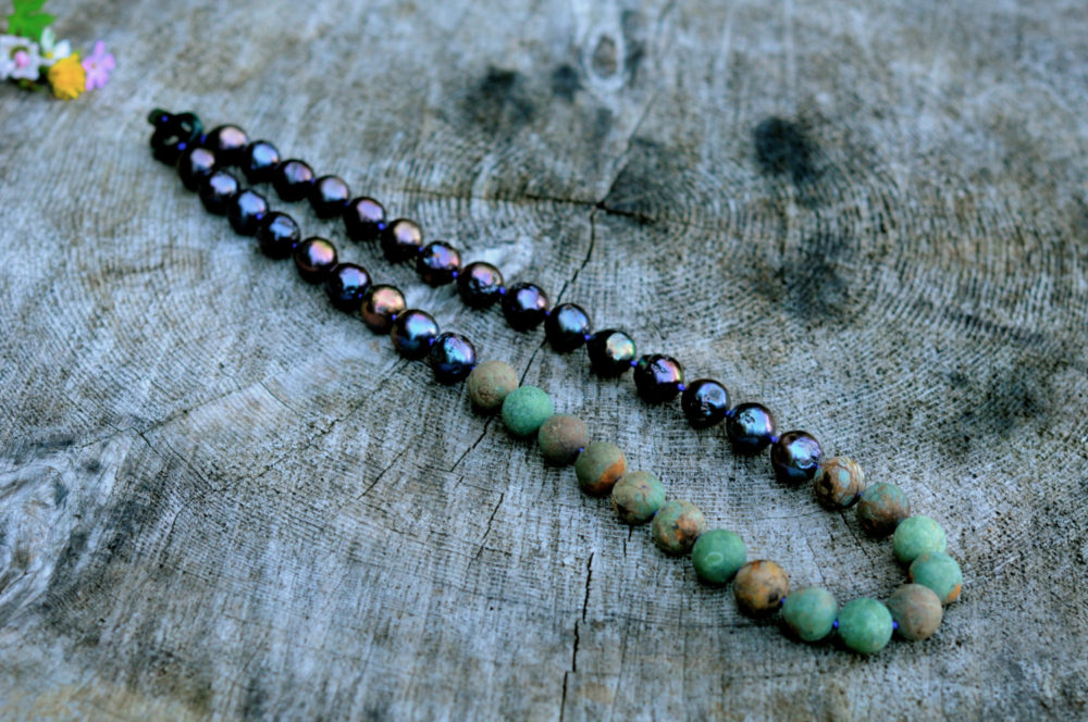 Stone Age – "Becoming": black baroque pearl and green opal necklace, jade clasp, stone age necklace by freshwater creations, made to order