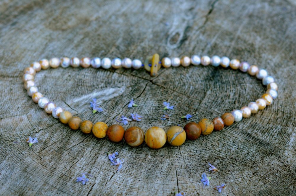Stone Age – "Becoming": large white baroque pearl and earthy marble necklace, jade clasp, stone age necklace by freshwater creations