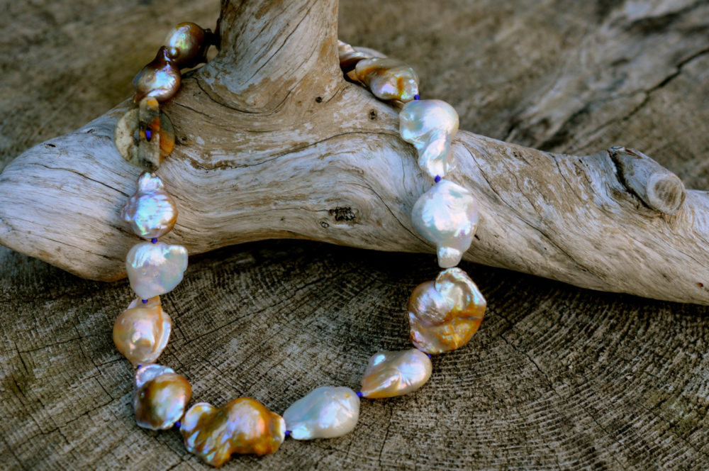 stunning large baroque pearl necklace, natural jade clasp, hand tied with strength and style