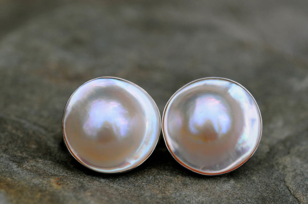 stunning south sea white mabe pearl post/clip earrings, magnificent mabe pearl post/clip earrings, mabe pearl earrings in sterling silver