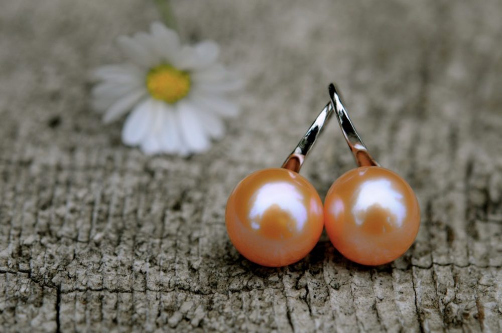 sunny peach pearl drop earrings, 9mm golden peach pearl drop earrings set in sterling silver