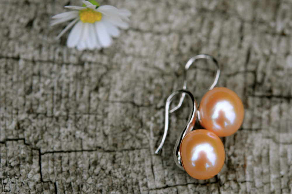 sunny peach pearl drop earrings, 9mm golden peach pearl drop earrings set in sterling silver