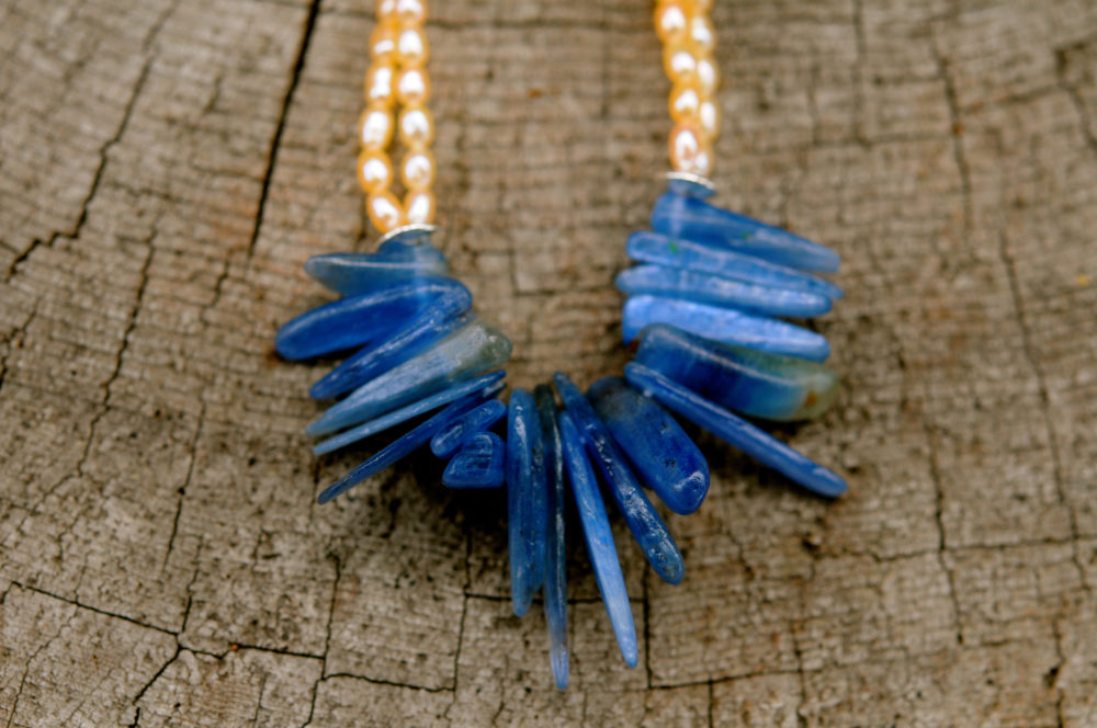 Sunny small seed pearls and blue natural kyanite sticks necklace, light hearted chic