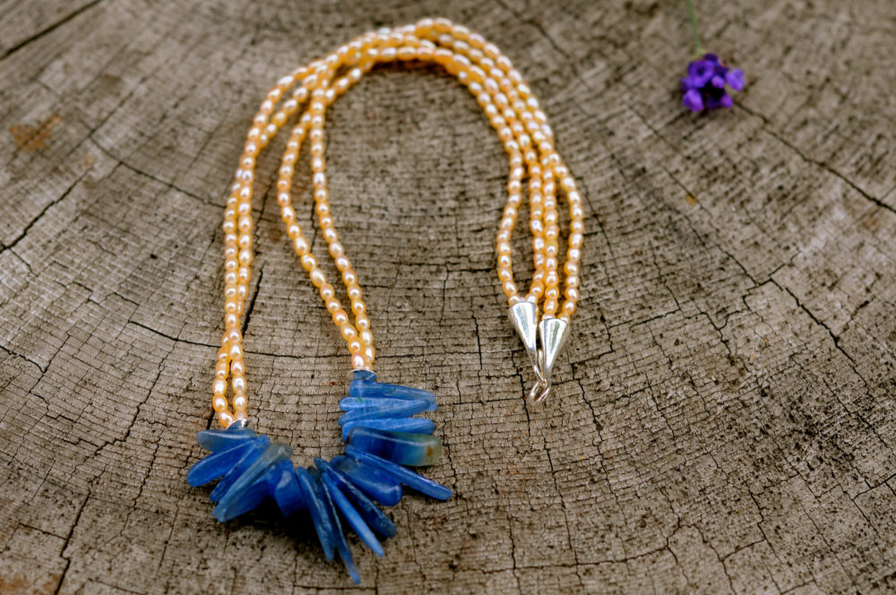 Sunny small seed pearls and blue natural kyanite sticks necklace, light hearted chic