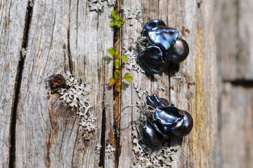 the black pearl earrings, black baroque pearl black keshi pearl dangle earrings, a serious pair of black pearl earrings