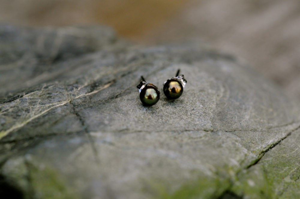 very small peacock green pearl stud earrings, ingenious small pearl earring studs, 4mm mossy green pearl studs