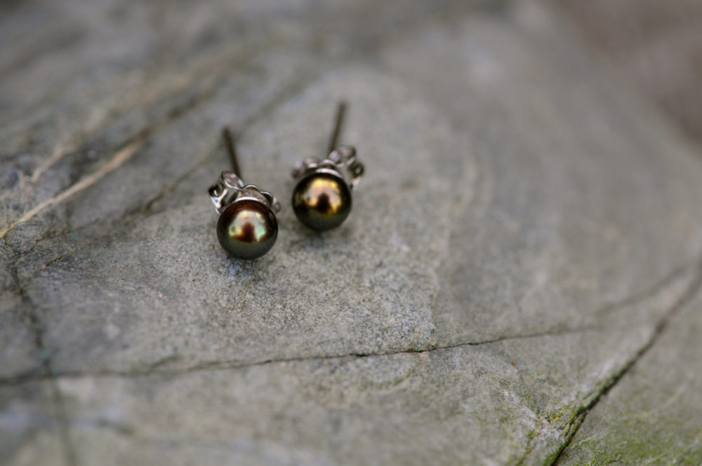 very small peacock green pearl stud earrings, ingenious small pearl earring studs, 4mm mossy green pearl studs