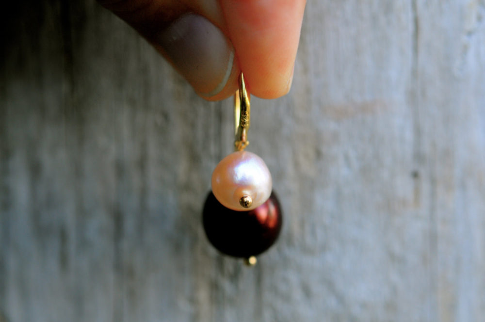 very special double pearl drop earrings, pomegranate red and sunny peach pearl earrings, gorgeous and highly unique