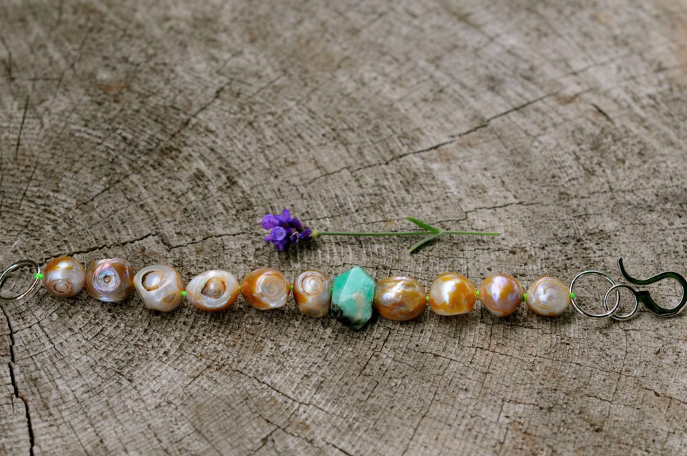 wabi-sabi bracelet, raw pearl and rough cut emerald bracelet