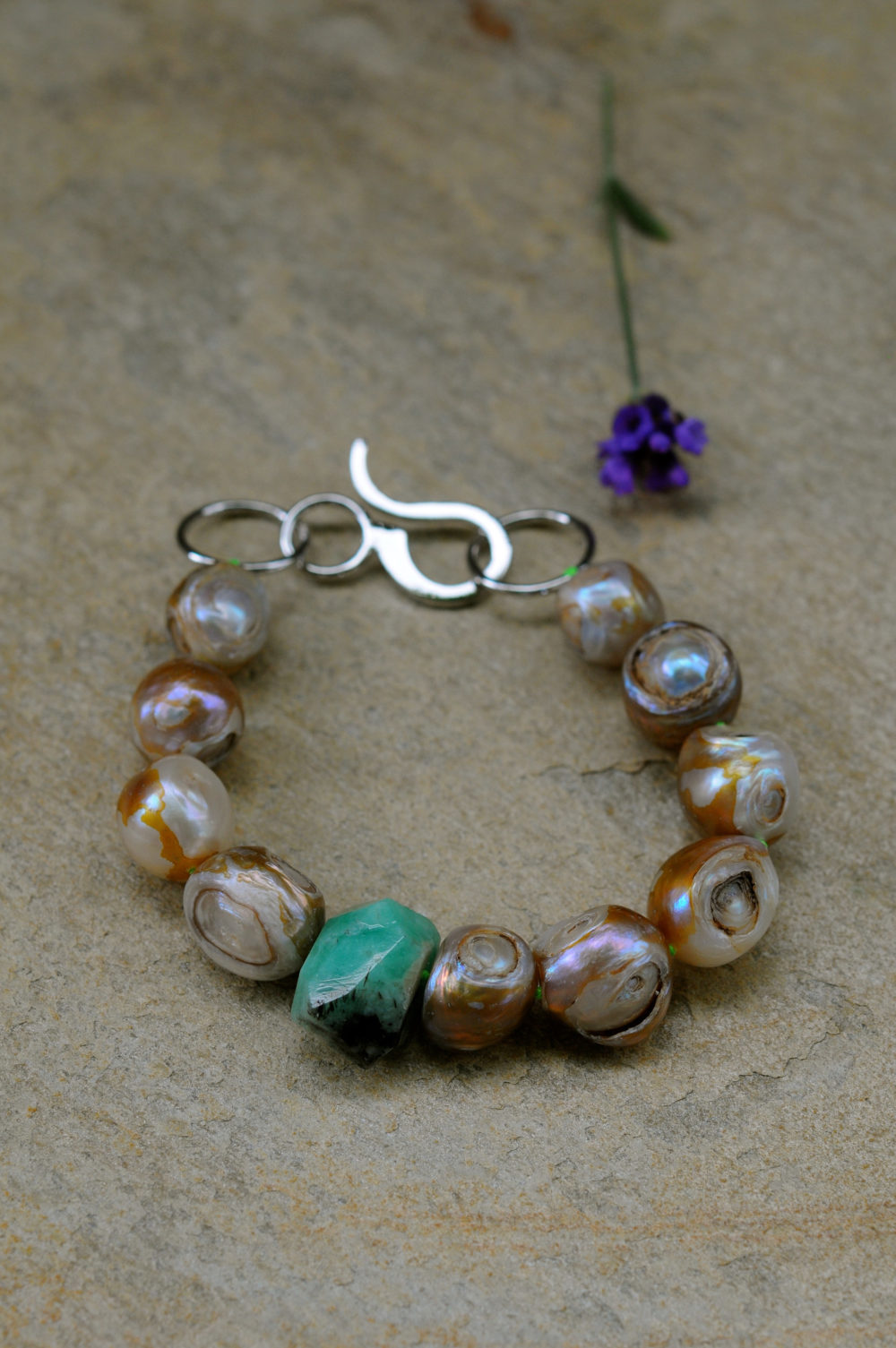 wabi-sabi bracelet, raw pearl and rough cut emerald bracelet