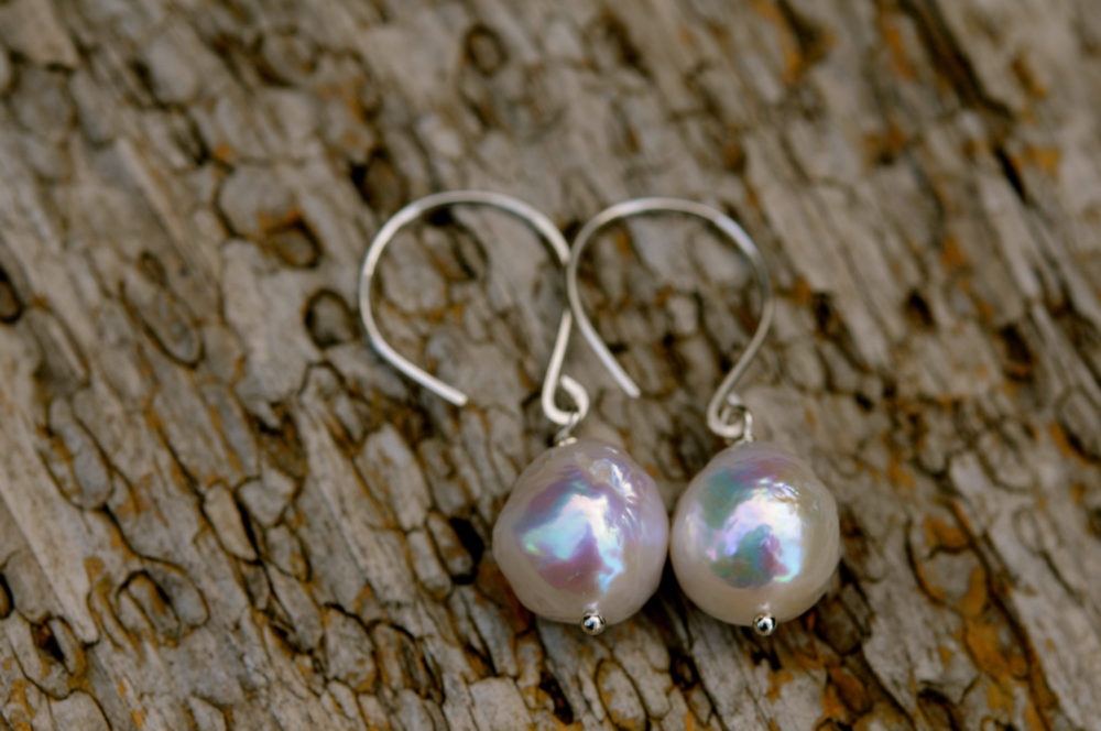 white chinese kasumi pearl earrings, ripple pearl single drop dangle earrings, sterling silver hand made ear wires