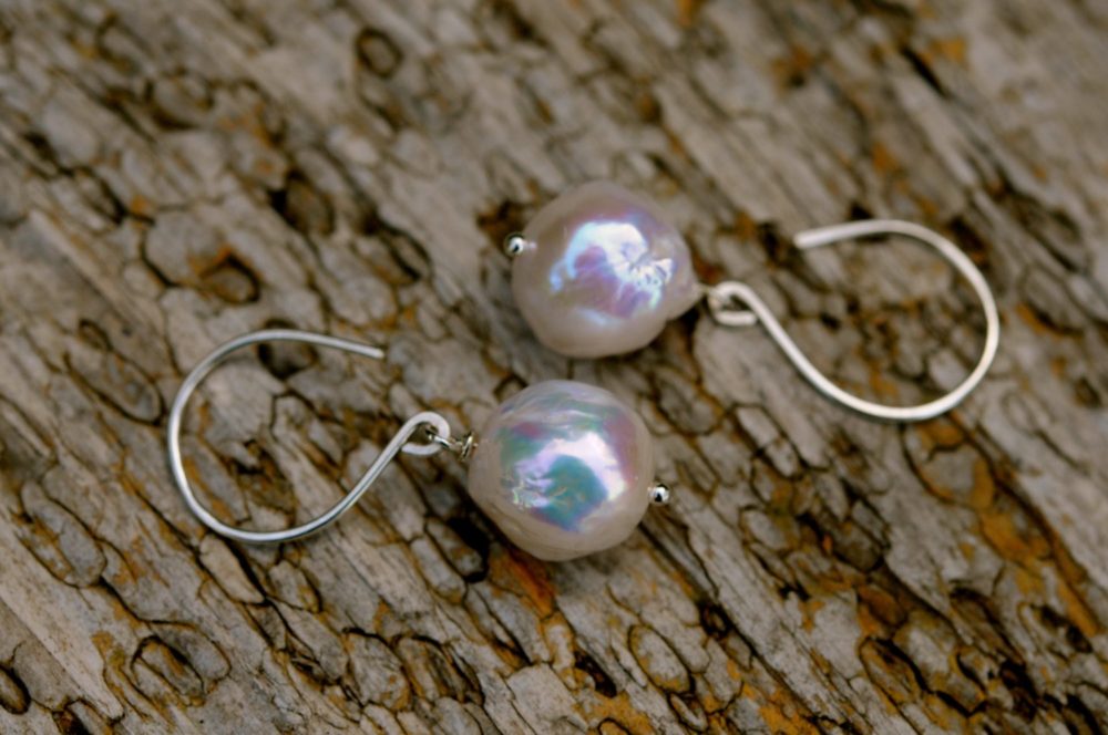 white chinese kasumi pearl earrings, ripple pearl single drop dangle earrings, sterling silver hand made ear wires