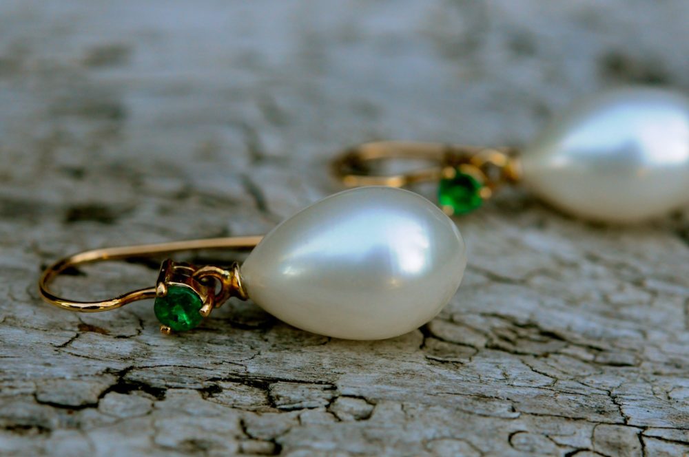 white drop pearl natural emerald solid 18K gold earrings, finely hand crafted