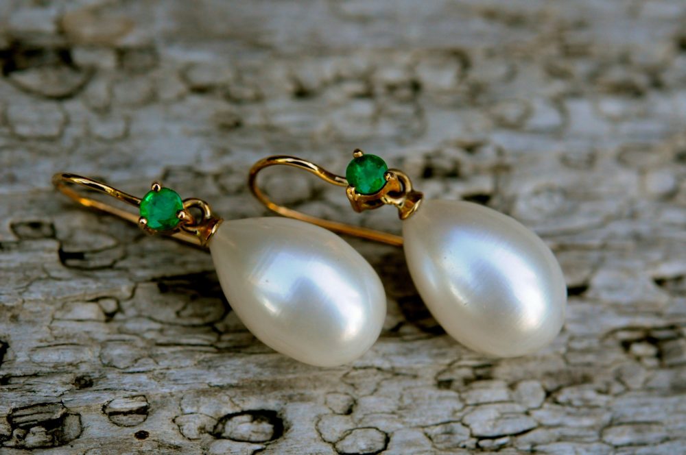 white drop pearl natural emerald solid 18K gold earrings, finely hand crafted