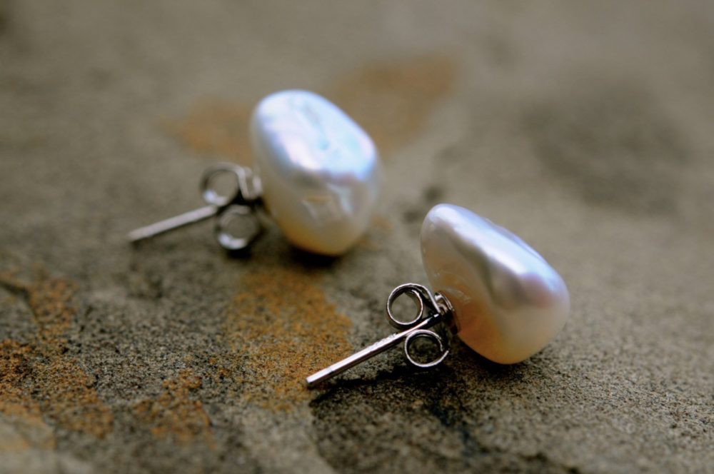 white keshi nugget pearl stud earrings, beautifully matched keshi pearl earring studs, strong luster so gorgeous