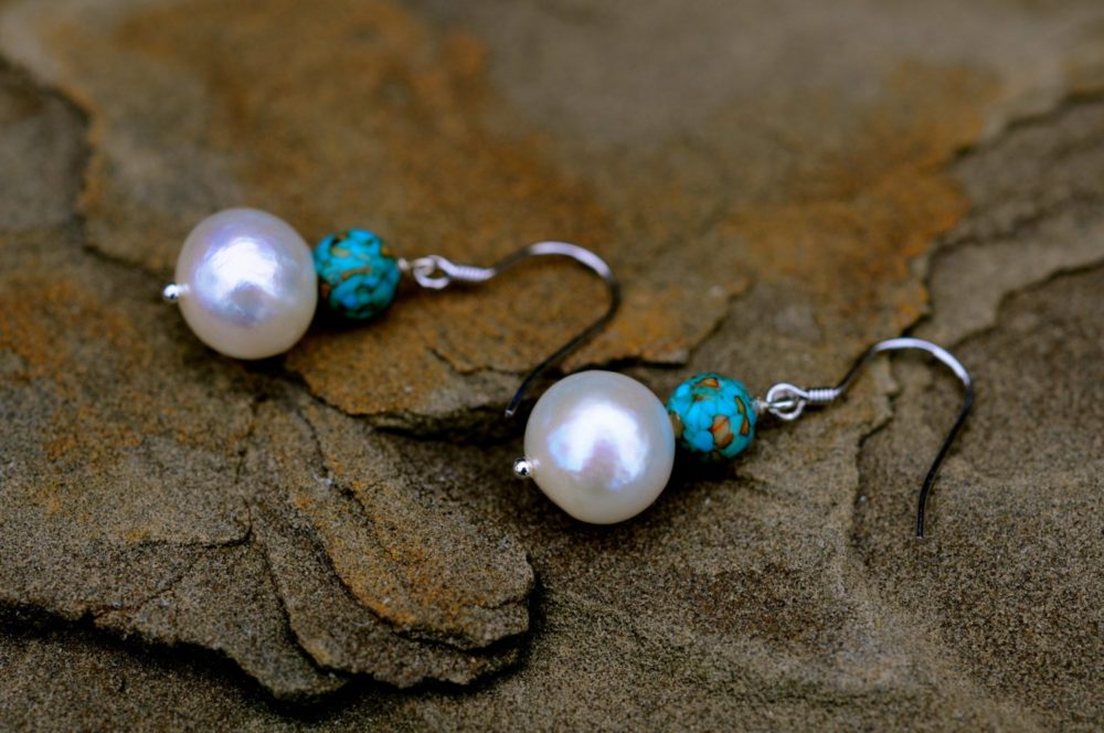 white pearl and turquoise bead earrings, handmade dangle earrings, blue and white earrings