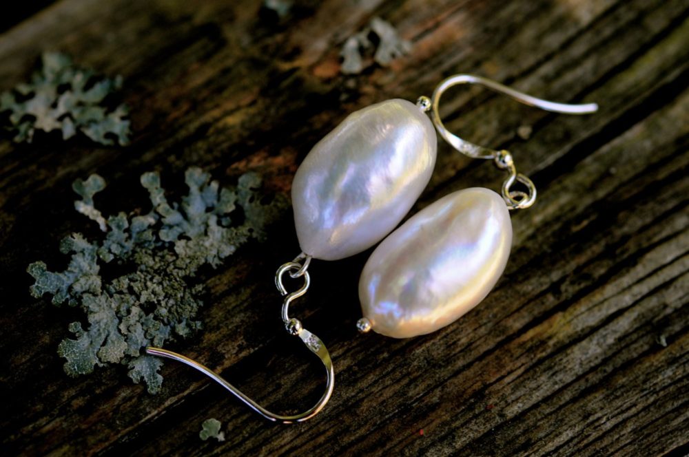 white pearl earrings, white nugget pearl dangle earrings, sterling silver ear wires