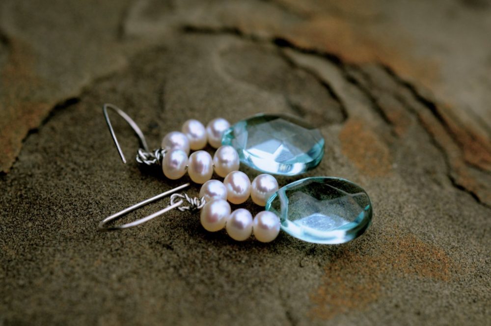 white pearls and blue crystal earrings, blue and white earrings, pearl and crystal earrings, something blue