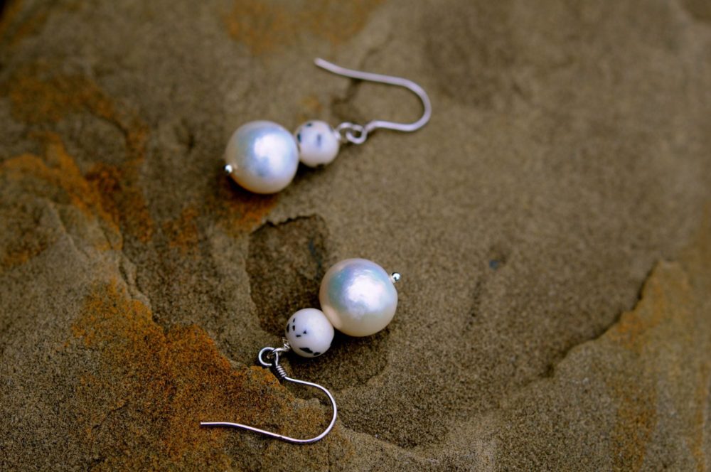white round pearl and coral bead dangle earrings, white and black earrings, cute and sweet