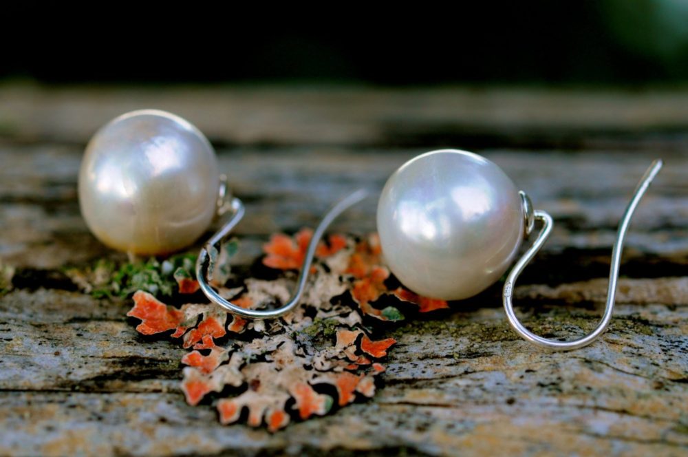 wholesome unpolished raw pearl earrings, simple large white pearl earrings, on sterling silver
