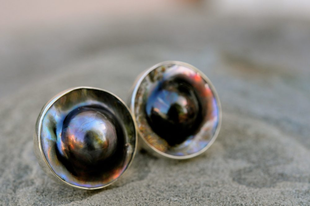 stunning black mabe pearl post earrings, large black pearl earring studs