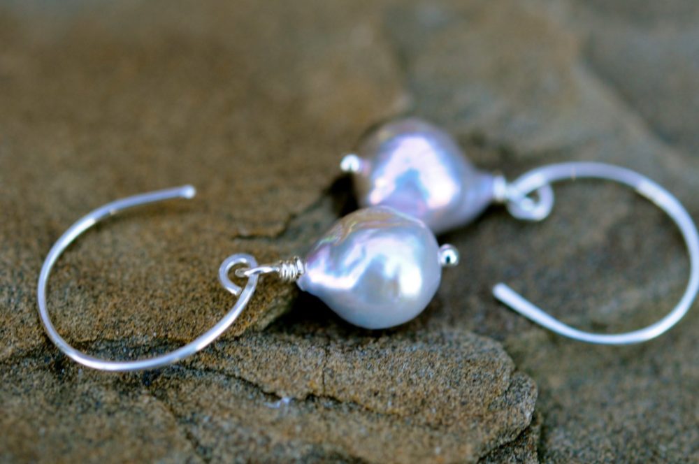small silver grey baroque pearl dangle earrings, handmade sterling silver ear wires