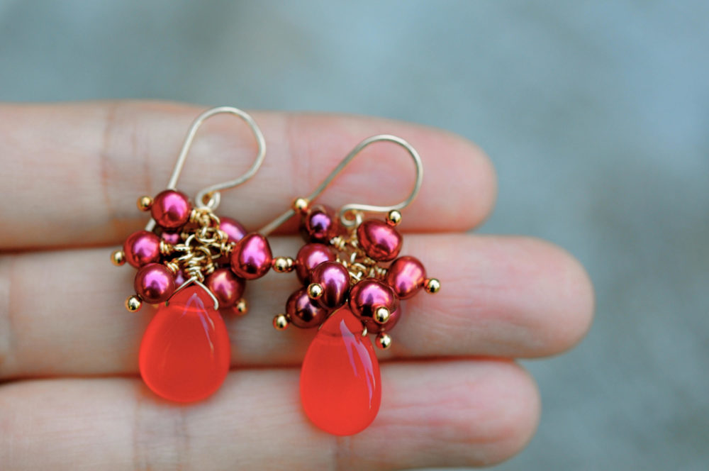 the red earrings, natural cornelian and cluster seed pearl earrings, delightful up-lifting red earrings