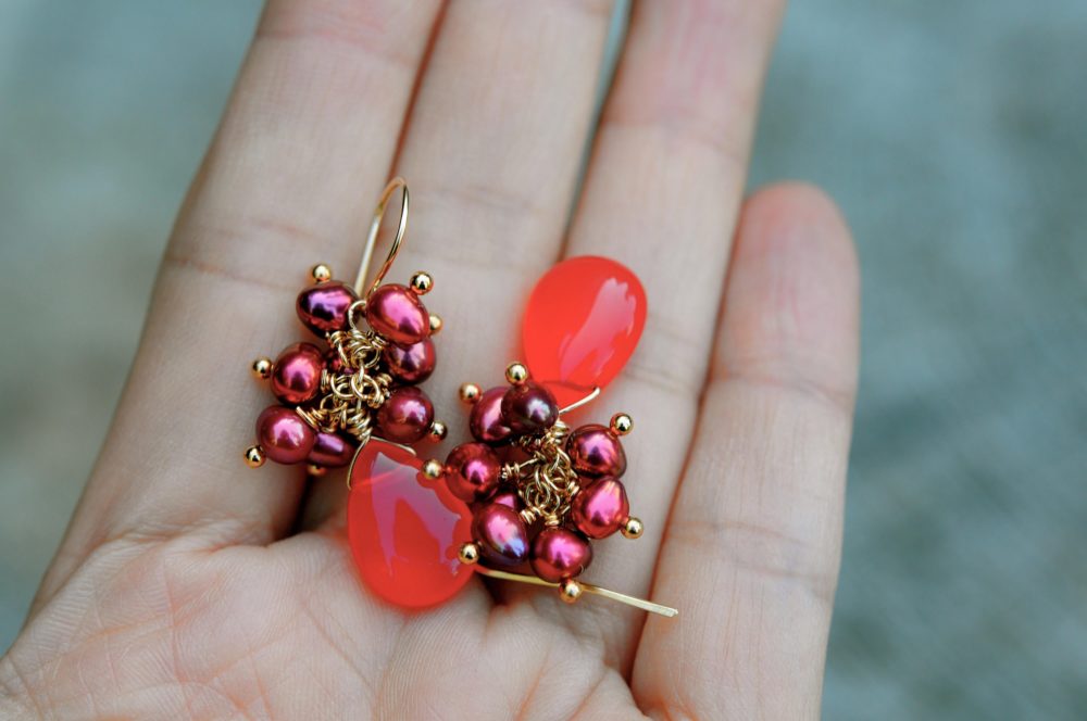 the red earrings, natural cornelian and cluster seed pearl earrings, delightful up-lifting red earrings